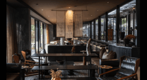 Luxurious Silverback Lodge dining lounge featuring natural décor, warm lighting, and panoramic forest-facing windows for immersive views.